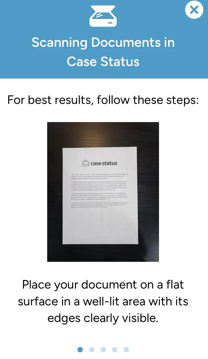 Scanning documents in Case Status: place the page on a flat, well-lit surface