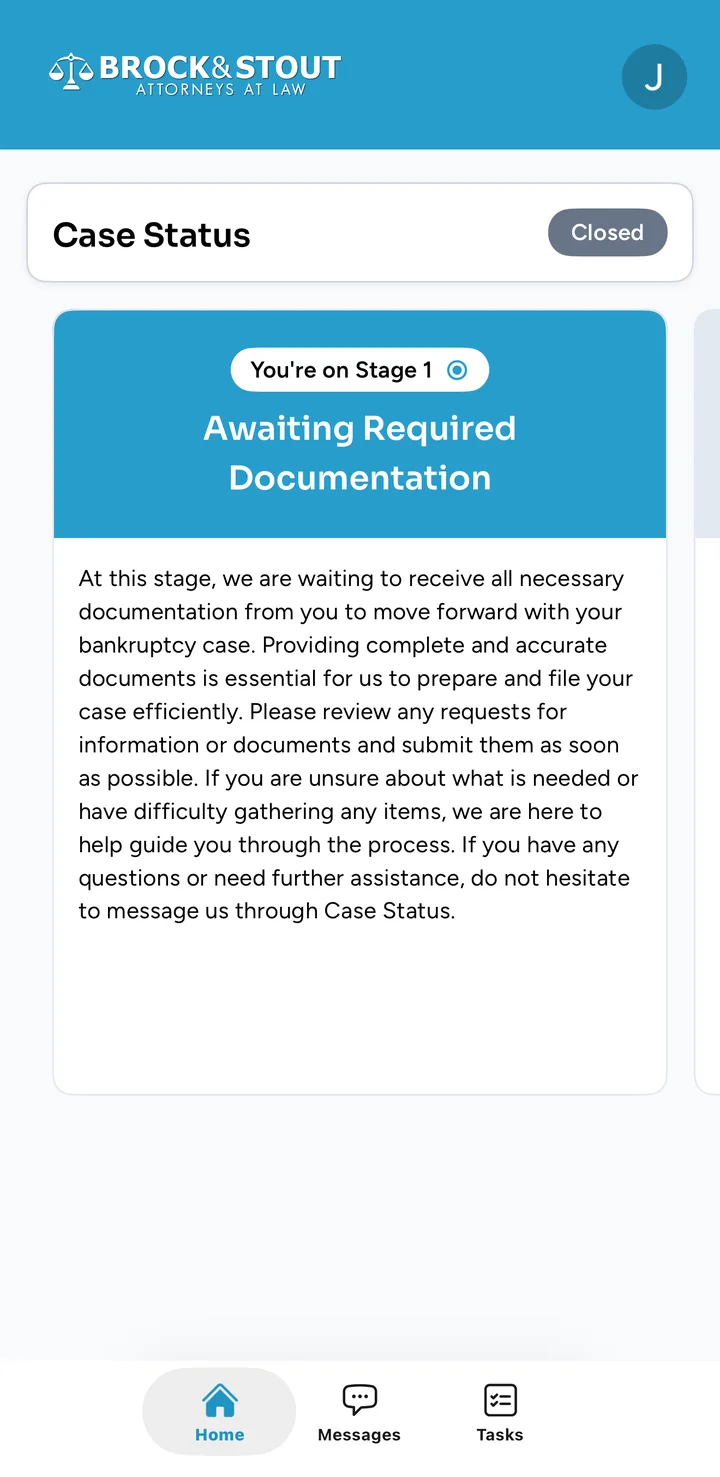Brock and Stout Case Status app home screen with case status, messages, and tasks