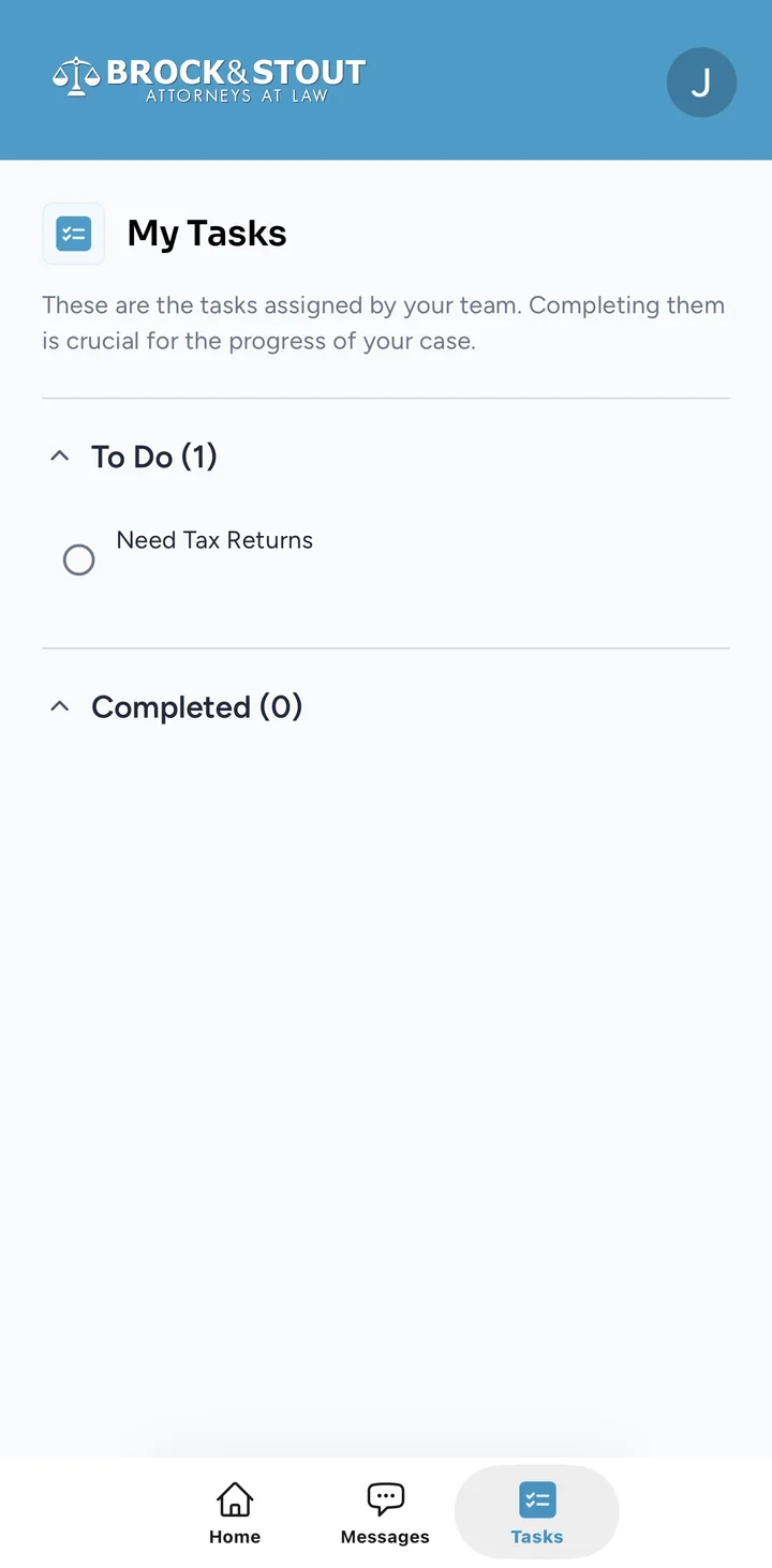 My Tasks screen in the Brock and Stout Case Status app