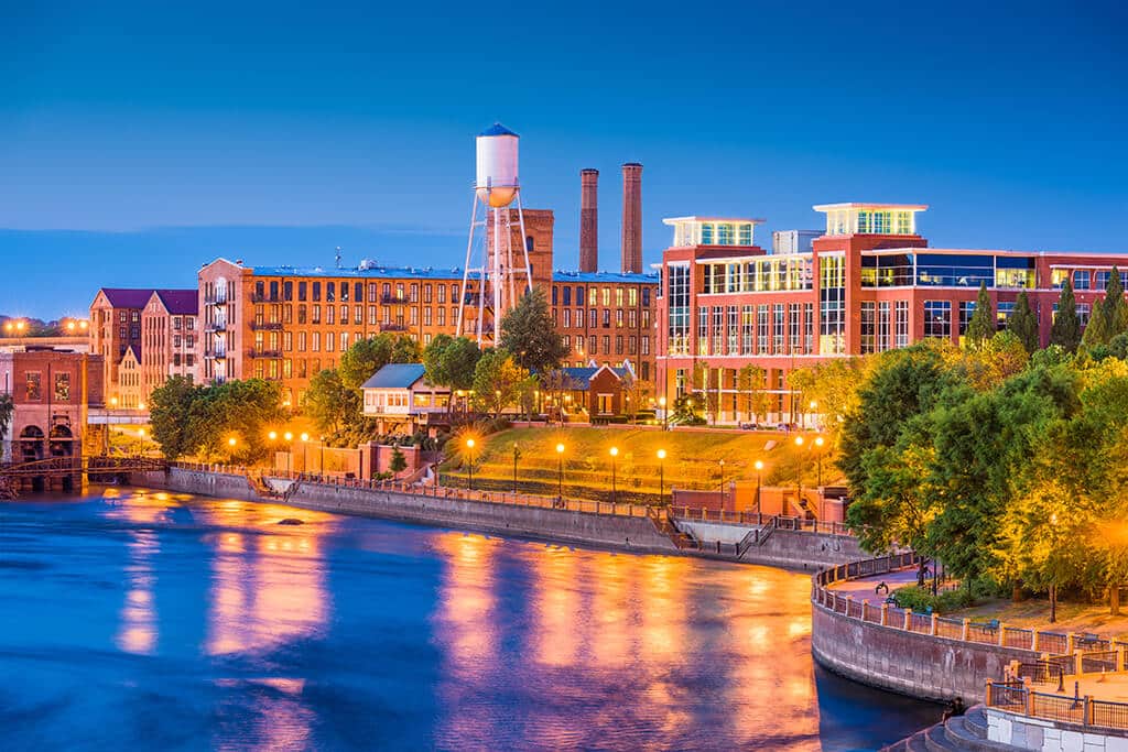 The Columbus, Georgia riverfront at dusk