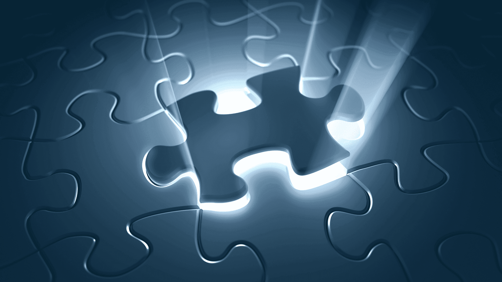 A missing puzzle piece in a blue jigsaw puzzle glowing with bright light as it fits into place.