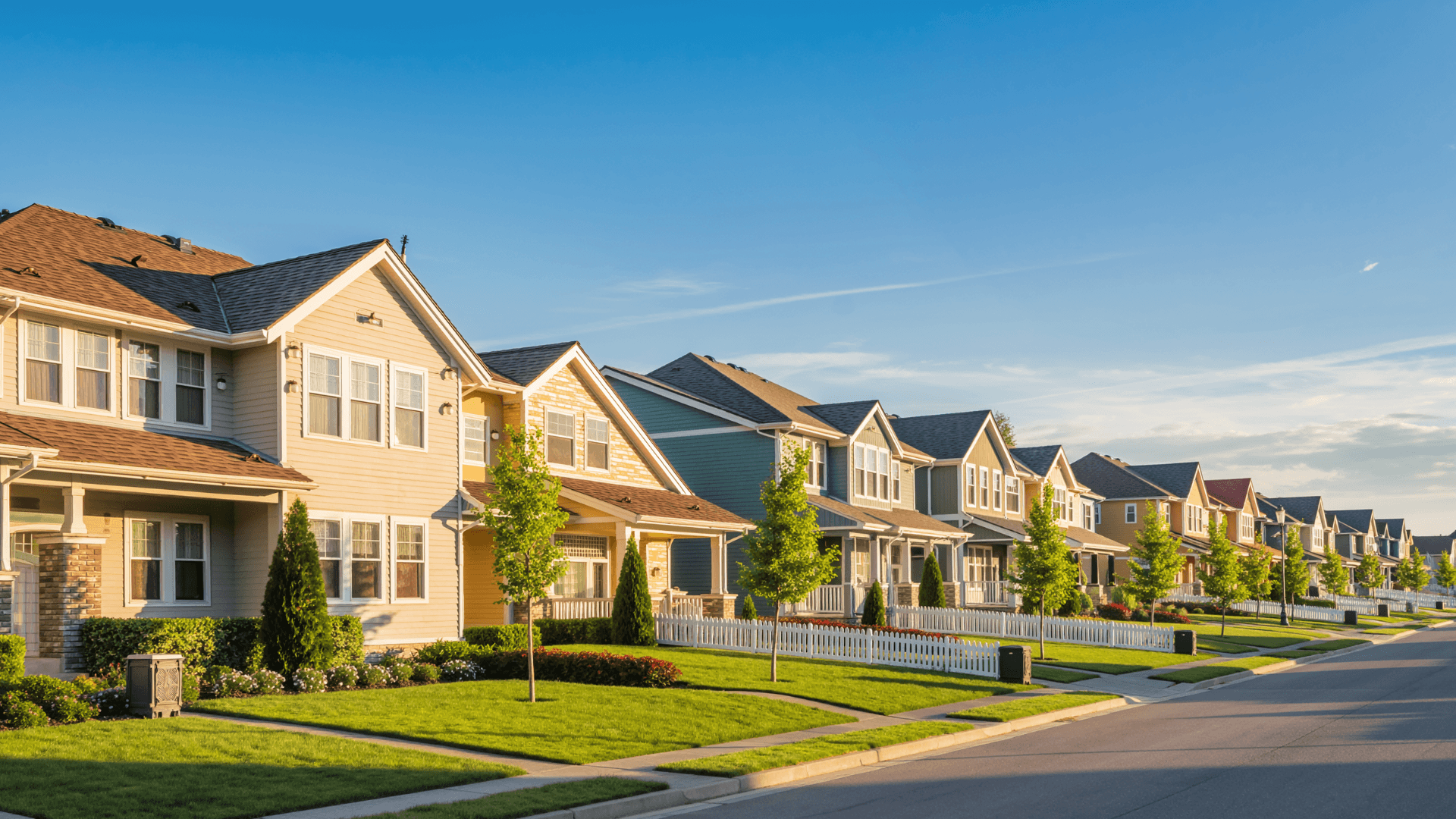 A row of modern suburban houses in an HOA community with manicured lawns and white picket fences under a blue sky.