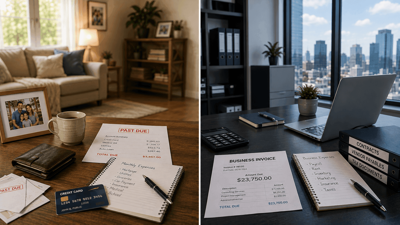 Split image comparing personal finances and business finances with household bills on one side and business documents on the other.
