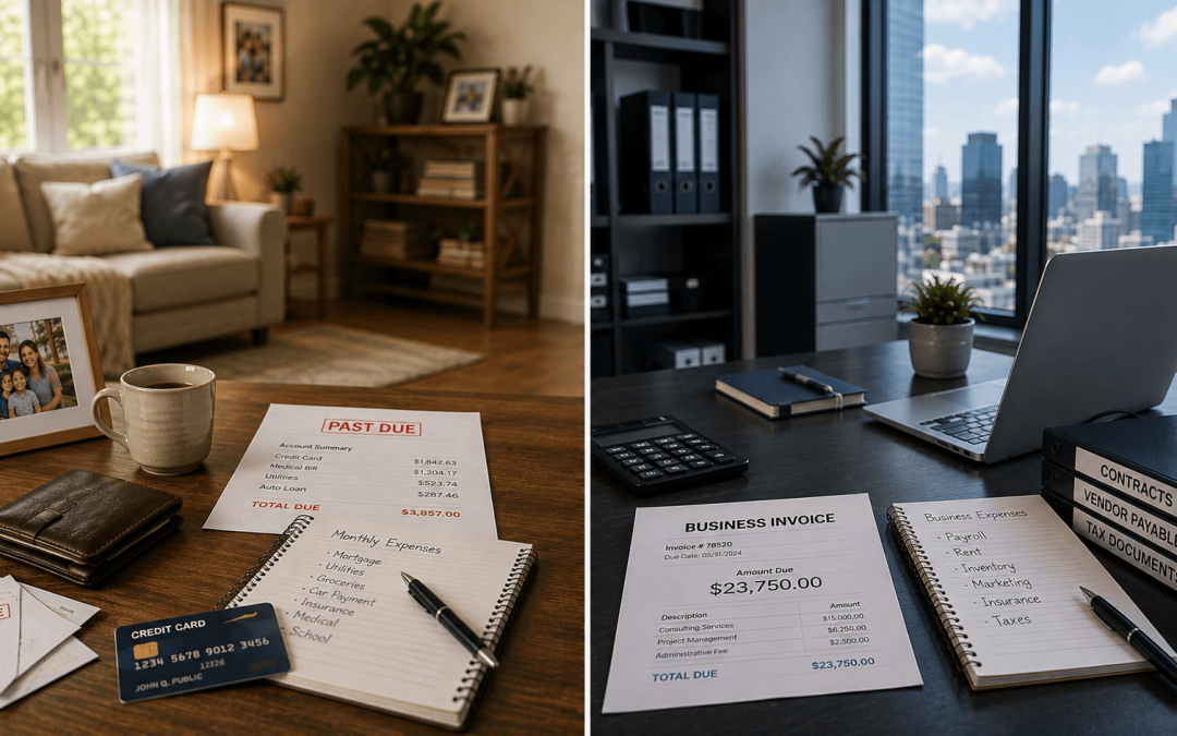 Split image comparing personal finances and business finances with household bills on one side and business documents on the other.